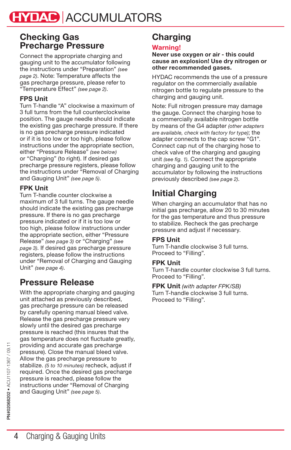 Accumulators, 4 charging & gauging units, Checking gas precharge pressure | Pressure release, Charging, Initial charging | HYDAC FPS Series User Manual | Page 4 / 8