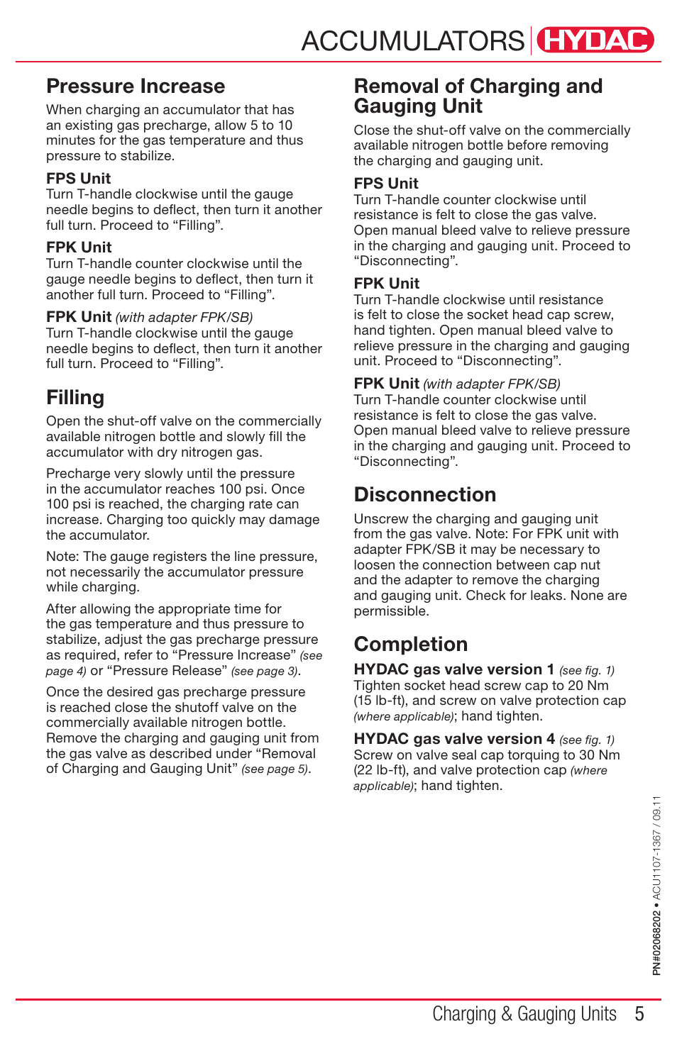 Accumulators, 5charging & gauging units, Pressure increase | Filling, Removal of charging and gauging unit, Disconnection, Completion | HYDAC FPS Series User Manual | Page 5 / 8