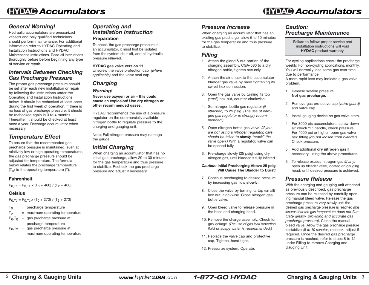 877-go hydac, Charging & gauging units, Charging | Initial charging, General warning, Intervals between checking gas precharge pressure, Temperature effect, Pressure increase, Filling, Caution: precharge maintenance | HYDAC FPO 210 Series User Manual | Page 2 / 2
