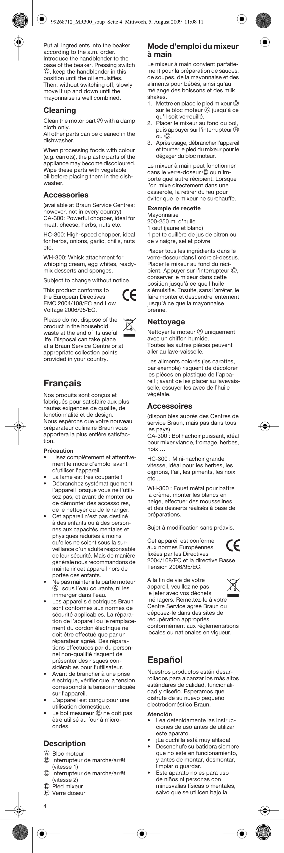 Français, Español, Cleaning | Accessories, Description, Mode d’emploi du mixeur à main, Nettoyage, Accessoires | Braun Multiquick 3 4162 User Manual | Page 4 / 21