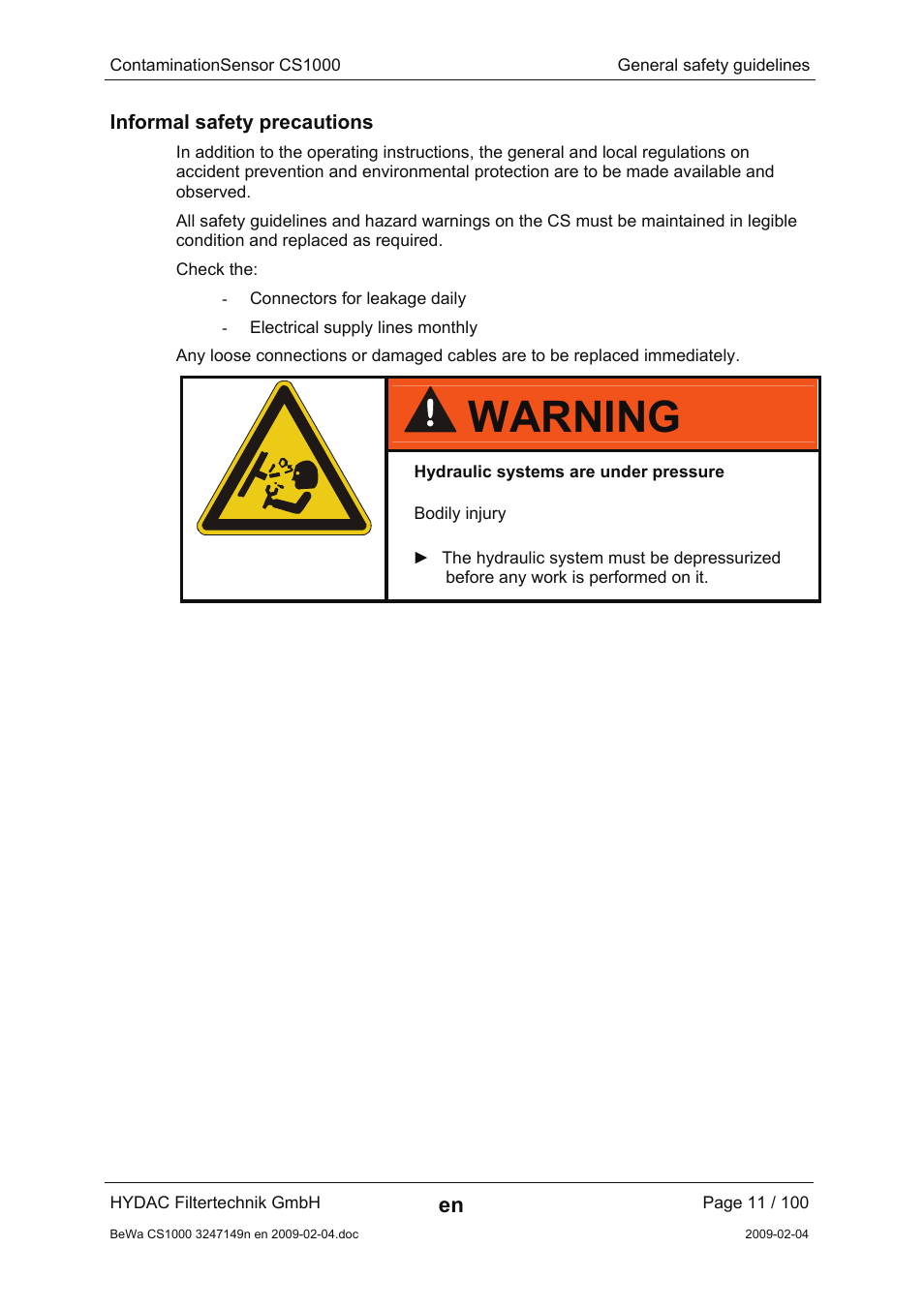 Informal safety precautions, Warning | HYDAC CS 1000 User Manual | Page 11 / 100