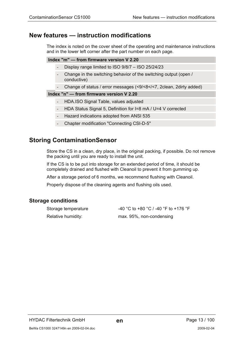 New features — instruction modifications, Storing contaminationsensor, Storage conditions | HYDAC CS 1000 User Manual | Page 13 / 100