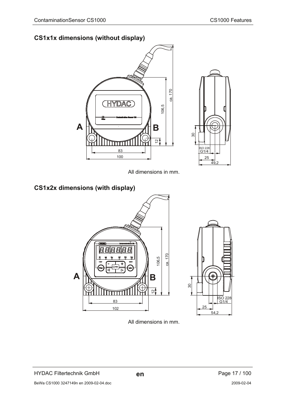Cs1x1x dimensions (without display), Cs1x2x dimensions (with display) | HYDAC CS 1000 User Manual | Page 17 / 100