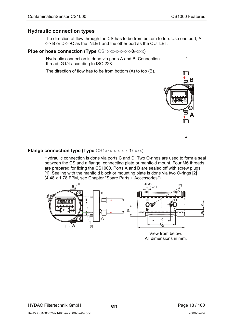 Hydraulic connection types | HYDAC CS 1000 User Manual | Page 18 / 100