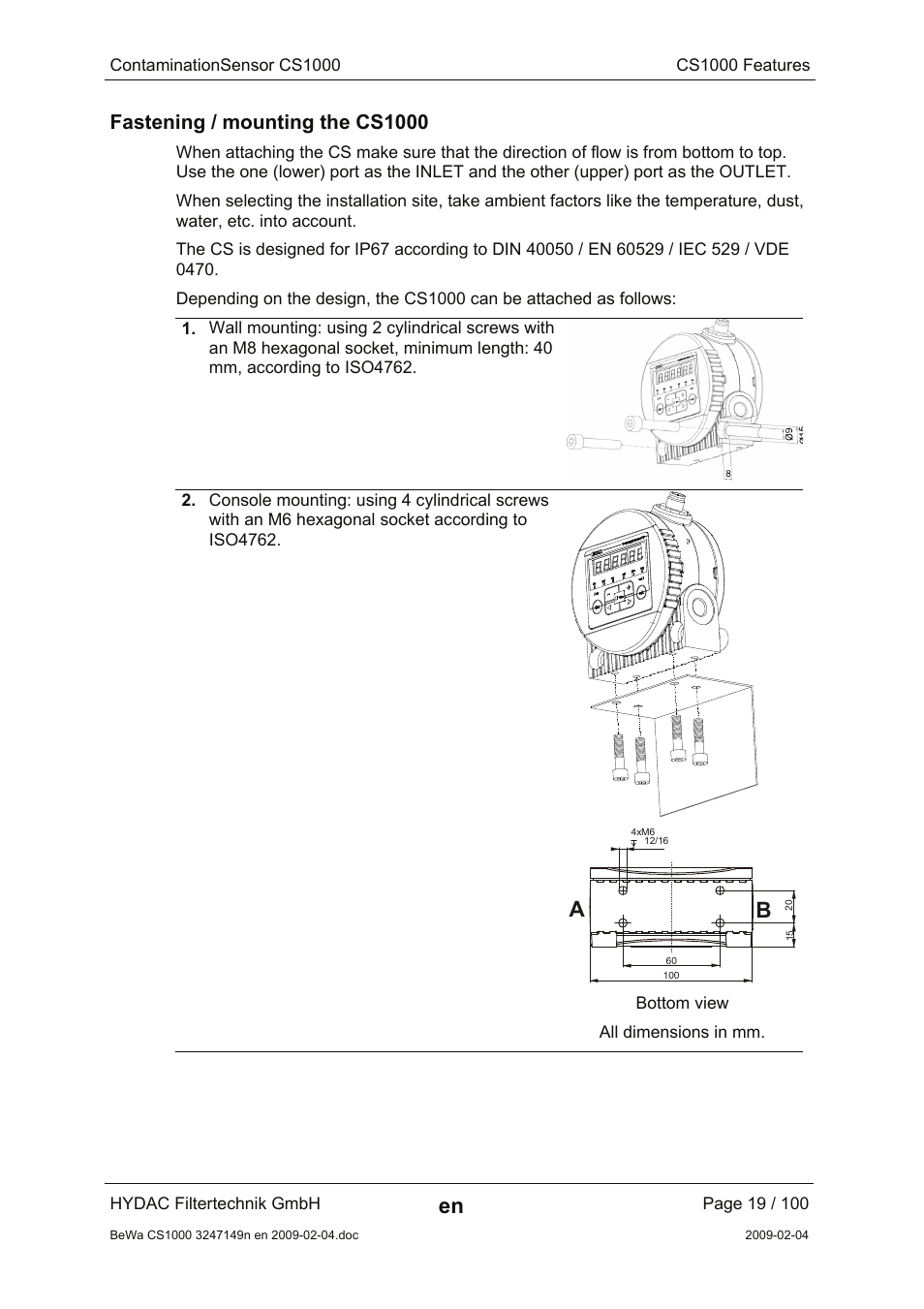 Fastening / mounting the cs1000 | HYDAC CS 1000 User Manual | Page 19 / 100