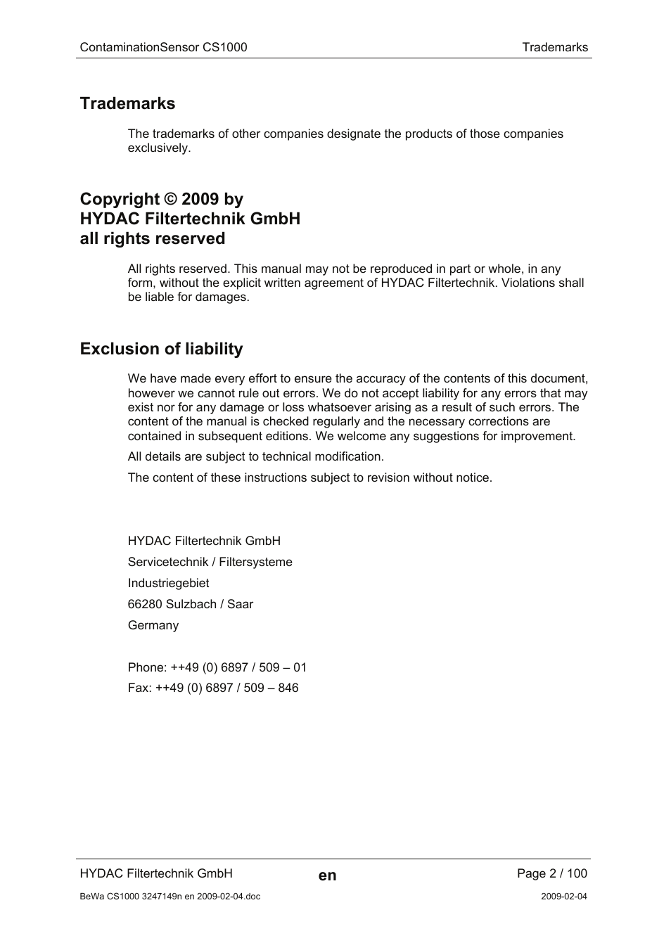 Trademarks, Exclusion of liability | HYDAC CS 1000 User Manual | Page 2 / 100