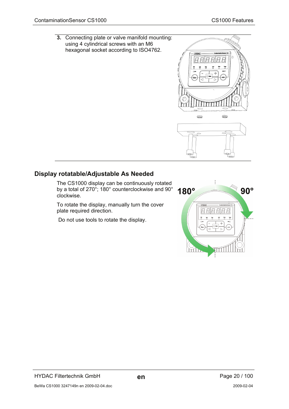 Display rotatable/adjustable as needed | HYDAC CS 1000 User Manual | Page 20 / 100