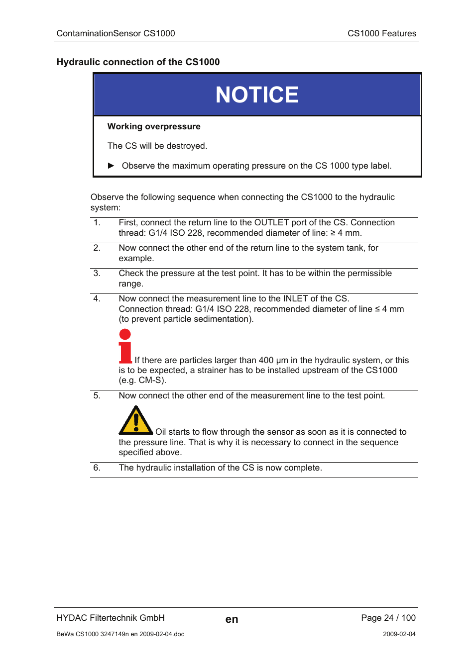 Hydraulic connection of the cs1000, Notice | HYDAC CS 1000 User Manual | Page 24 / 100