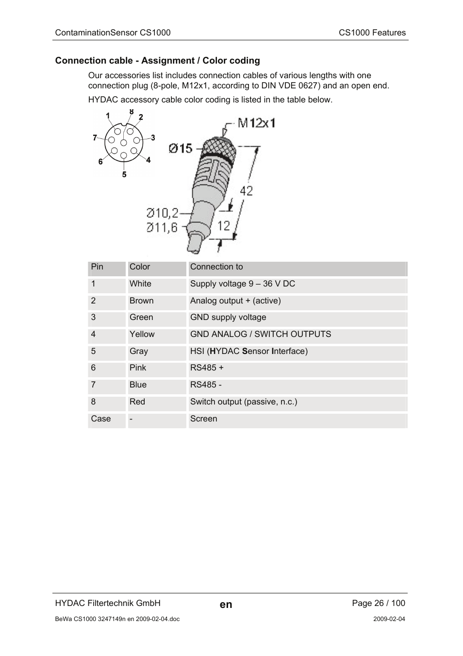 Connection cable - assignment / color coding | HYDAC CS 1000 User Manual | Page 26 / 100