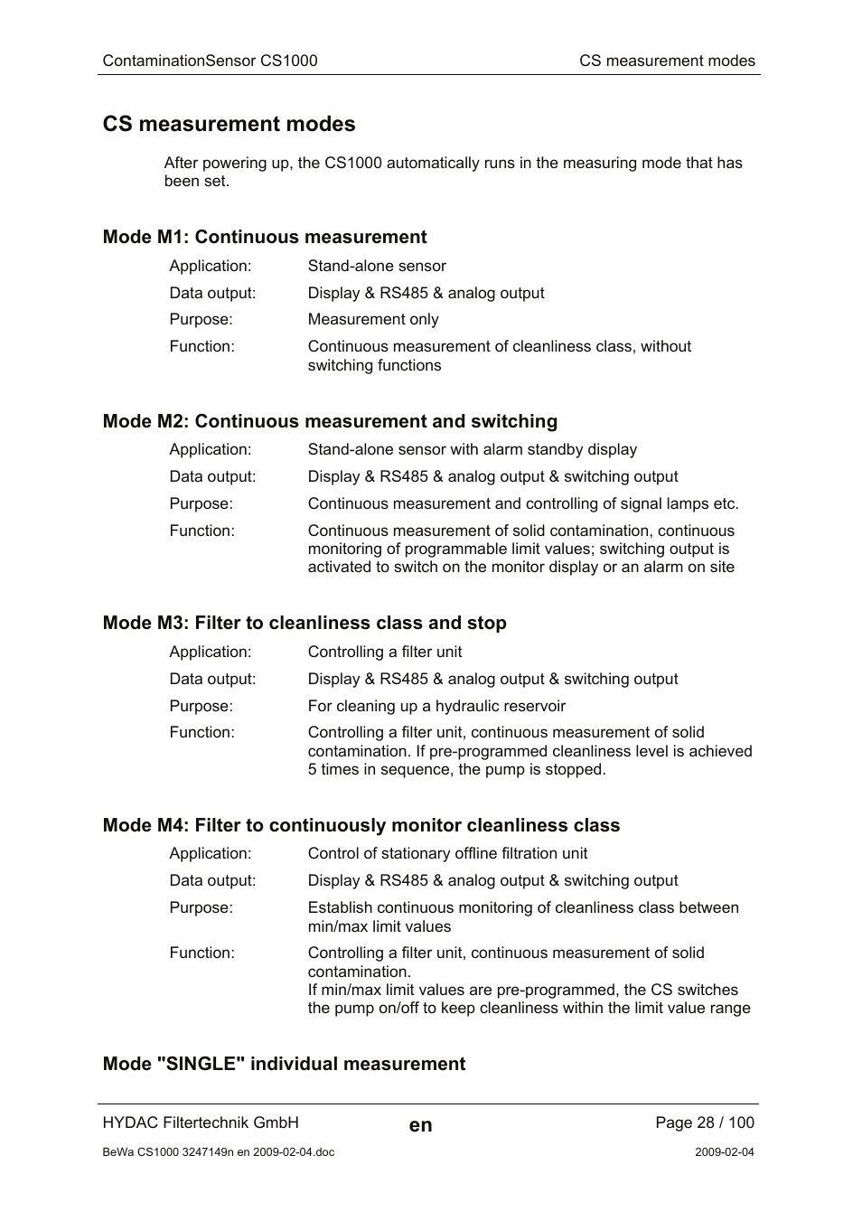 Cs measurement modes, Mode m1: continuous measurement, Mode m2: continuous measurement and switching | Mode m3: filter to cleanliness class and stop, Mode "single" individual measurement | HYDAC CS 1000 User Manual | Page 28 / 100