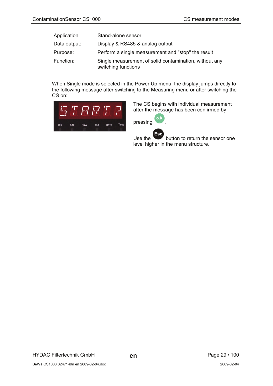 Start | HYDAC CS 1000 User Manual | Page 29 / 100