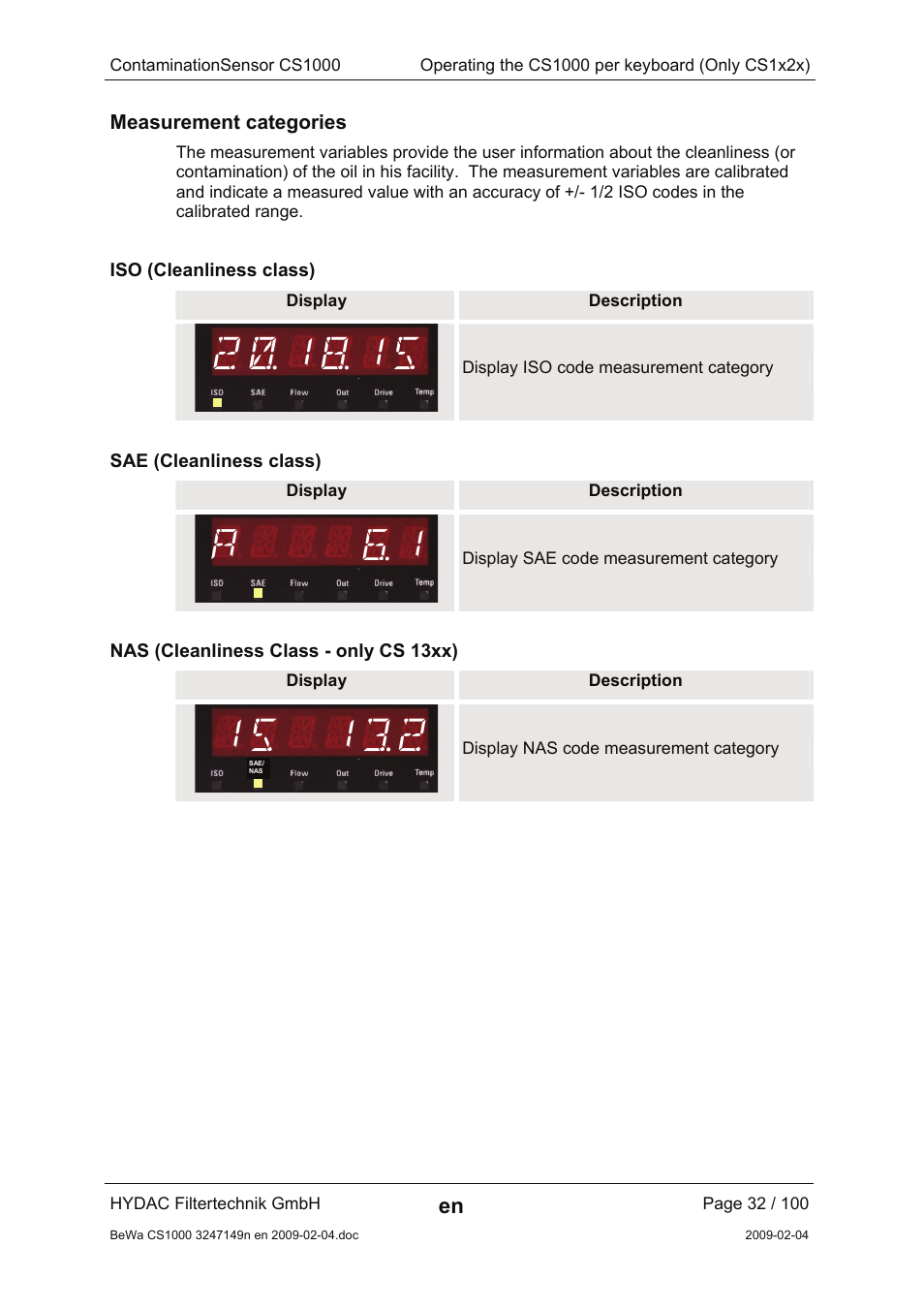 Measurement categories, Iso (cleanliness class), Sae (cleanliness class) | Nas (cleanliness class - only cs 13xx), A &1 | HYDAC CS 1000 User Manual | Page 32 / 100