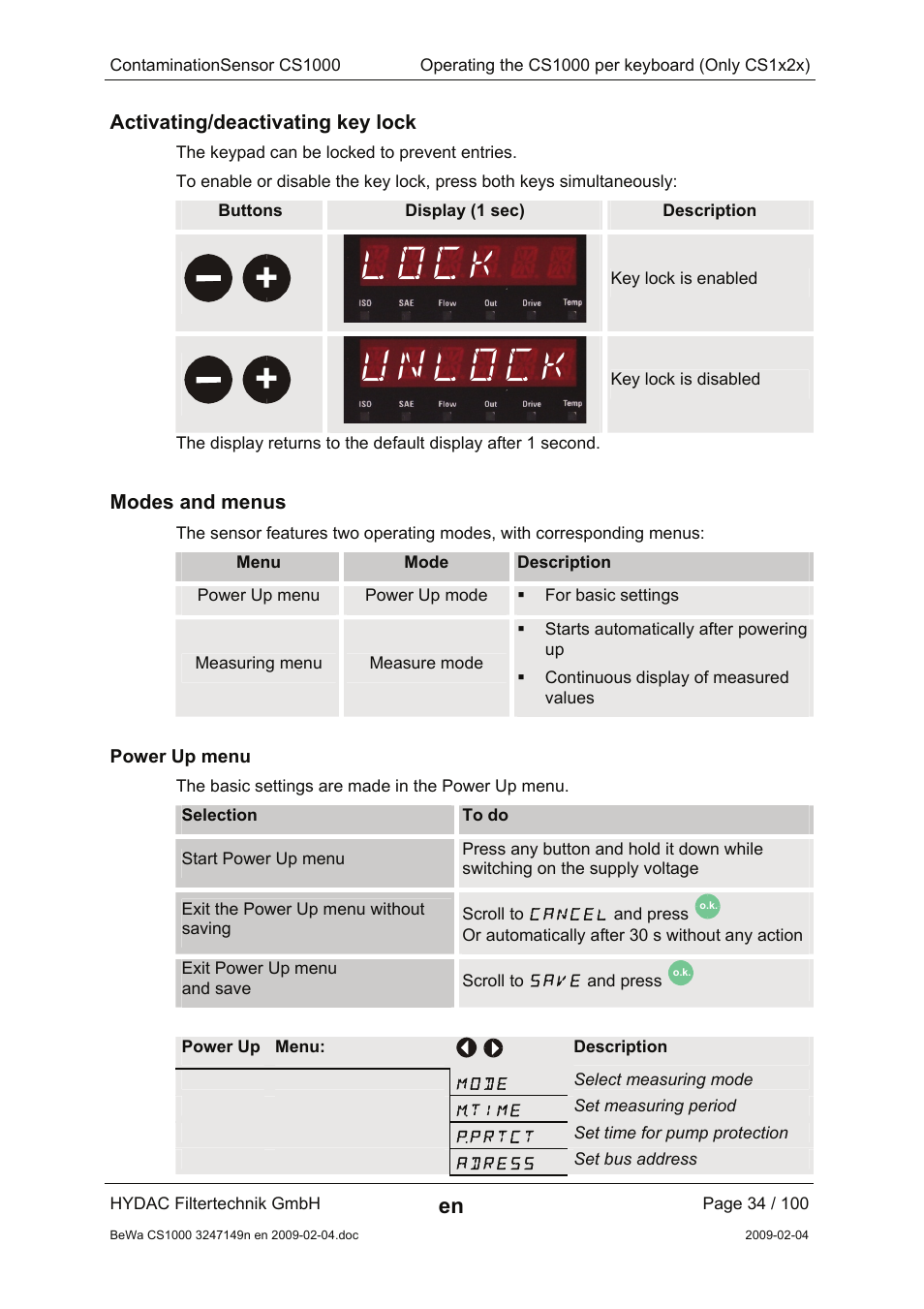 Activating/deactivating key lock, Modes and menus, Power up menu | Lock, Unlock | HYDAC CS 1000 User Manual | Page 34 / 100