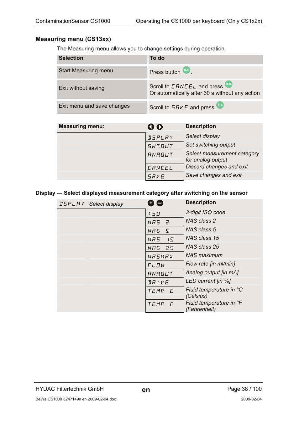 Measuring menu (cs13xx), Cancel, Save | Dsplay, Swtout, Anaout, Nas 2, Nas 5, Nas 15, Nas 25 | HYDAC CS 1000 User Manual | Page 38 / 100