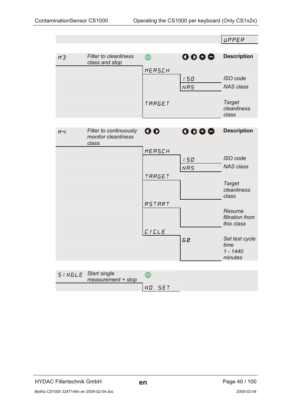 Upper, Measch, Target | Rstart, Cycle, Single, No set | HYDAC CS 1000 User Manual | Page 40 / 100