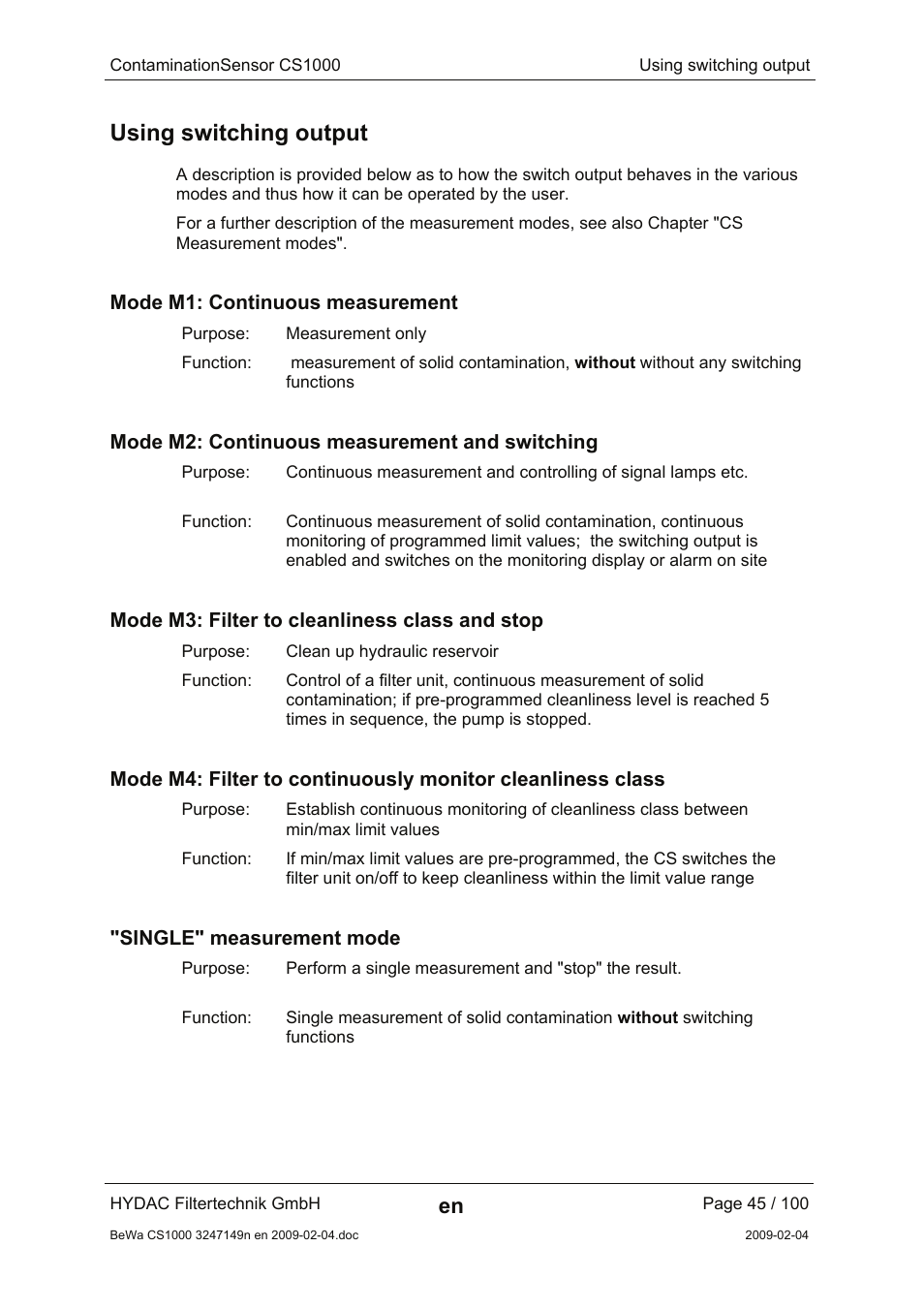Using switching output, Mode m1: continuous measurement, Mode m2: continuous measurement and switching | Mode m3: filter to cleanliness class and stop, Single" measurement mode | HYDAC CS 1000 User Manual | Page 45 / 100