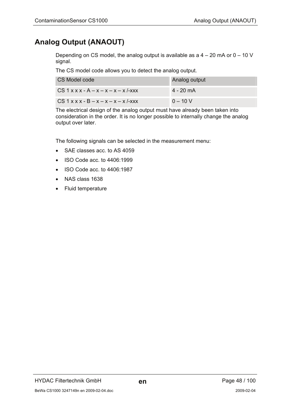 Analog output (anaout) | HYDAC CS 1000 User Manual | Page 48 / 100