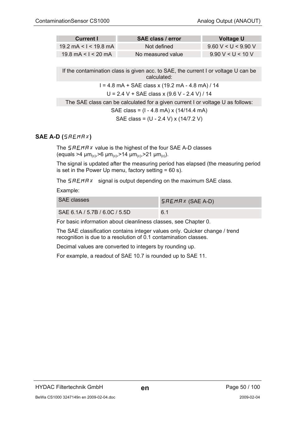 Sae a-d (saemax), Saemax | HYDAC CS 1000 User Manual | Page 50 / 100