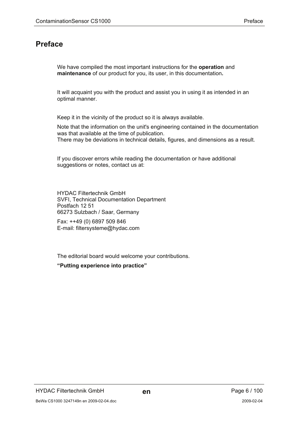Preface | HYDAC CS 1000 User Manual | Page 6 / 100