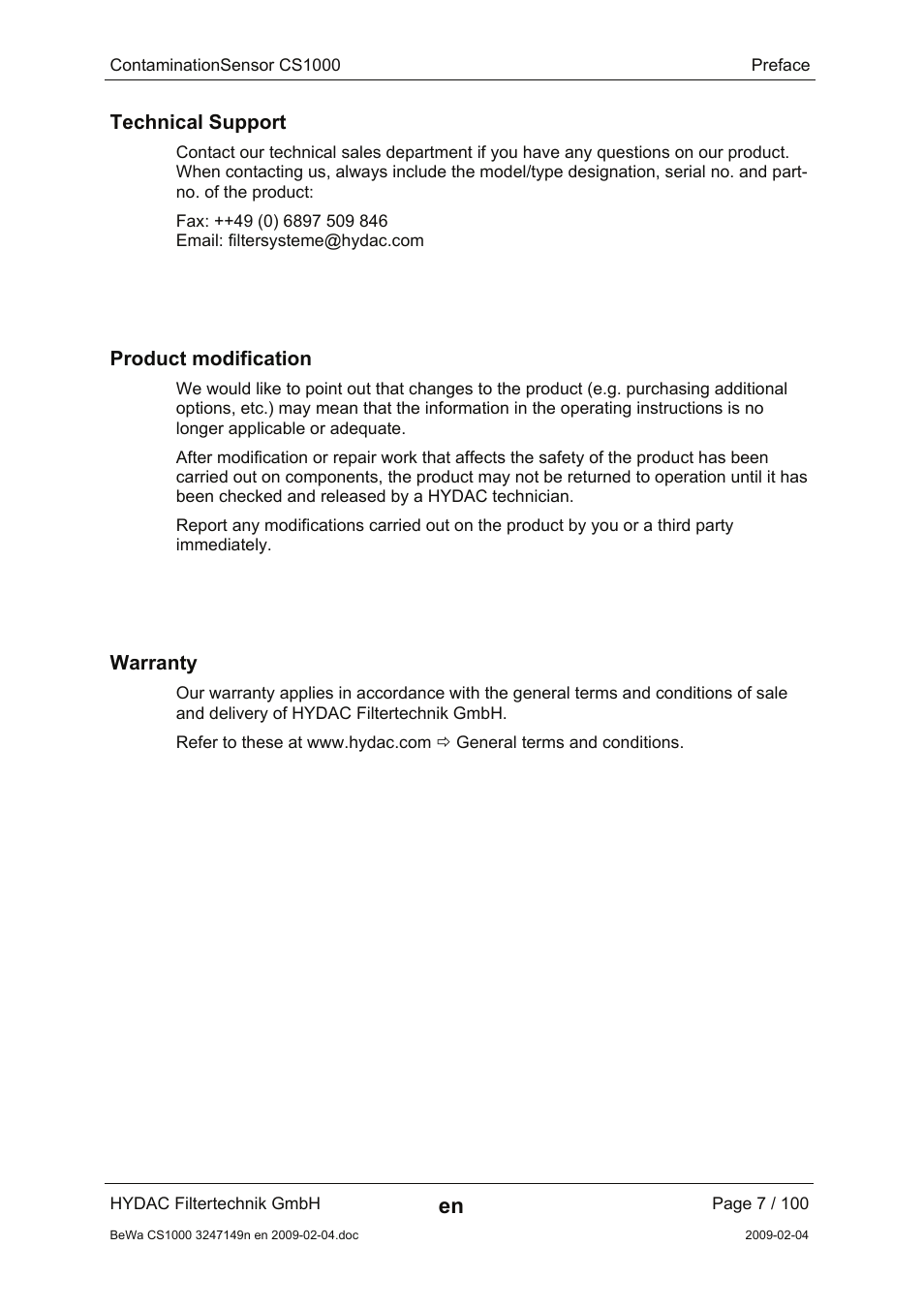 Technical support, Product modification, Warranty | HYDAC CS 1000 User Manual | Page 7 / 100