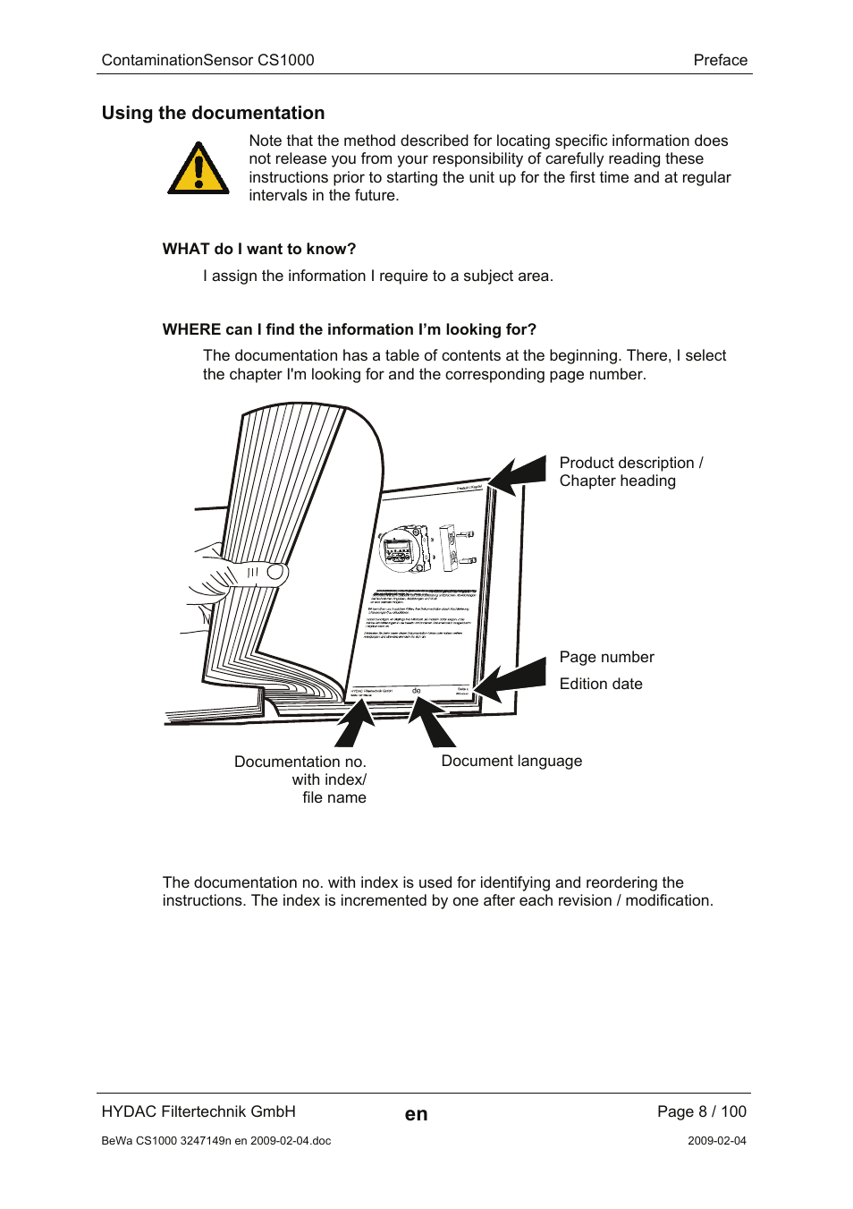 Using the documentation | HYDAC CS 1000 User Manual | Page 8 / 100