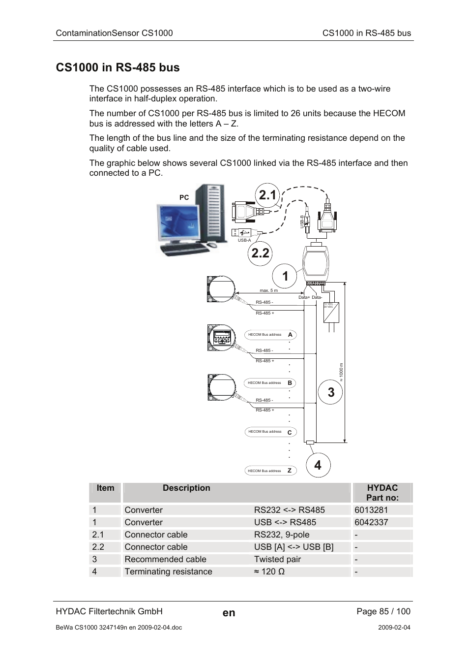 Cs1000 in rs-485 bus | HYDAC CS 1000 User Manual | Page 85 / 100