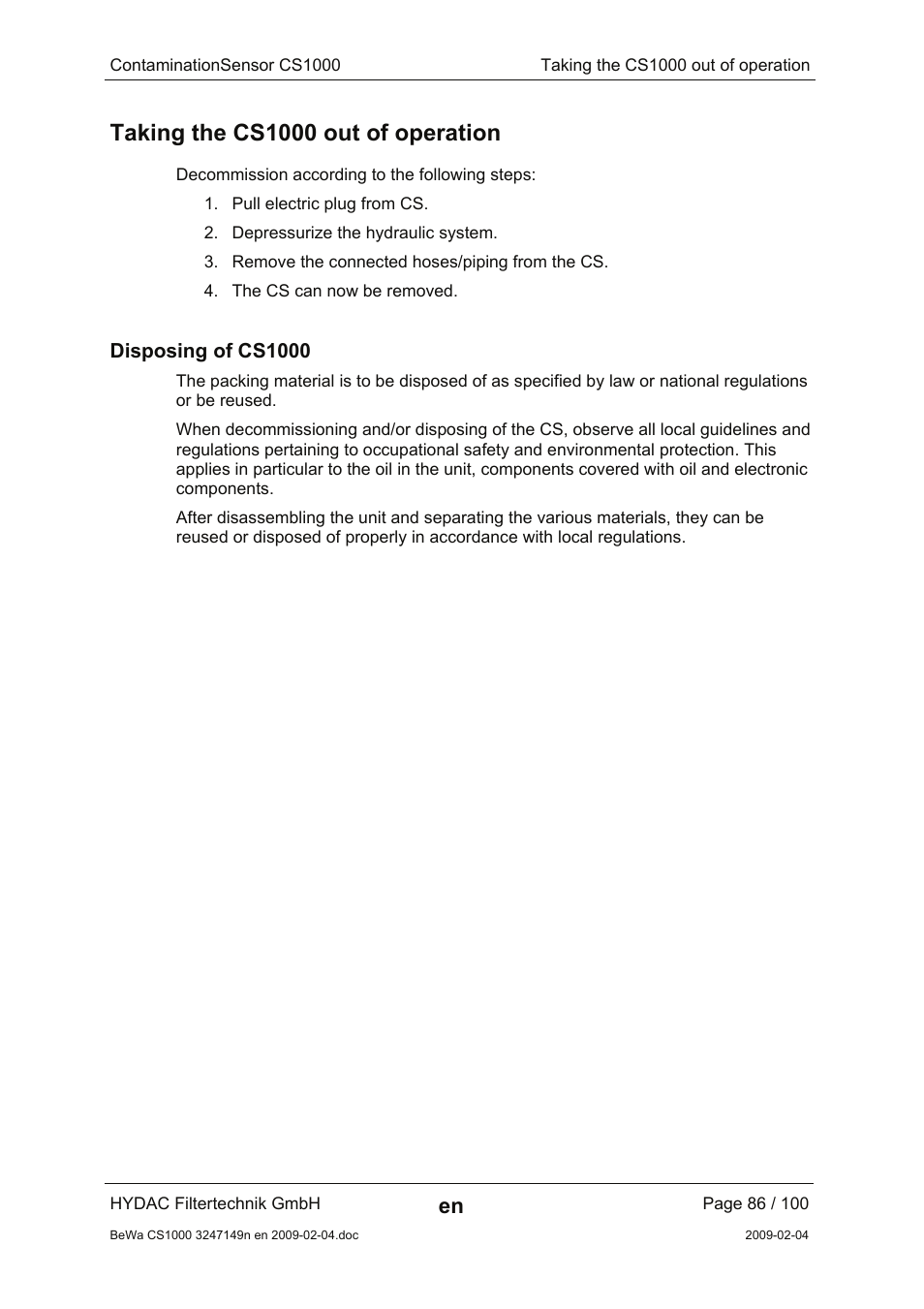 Taking the cs1000 out of operation, Disposing of cs1000 | HYDAC CS 1000 User Manual | Page 86 / 100