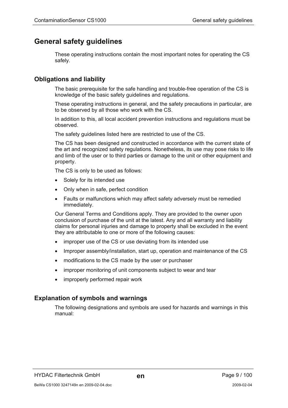 General safety guidelines, Obligations and liability, Explanation of symbols and warnings | HYDAC CS 1000 User Manual | Page 9 / 100