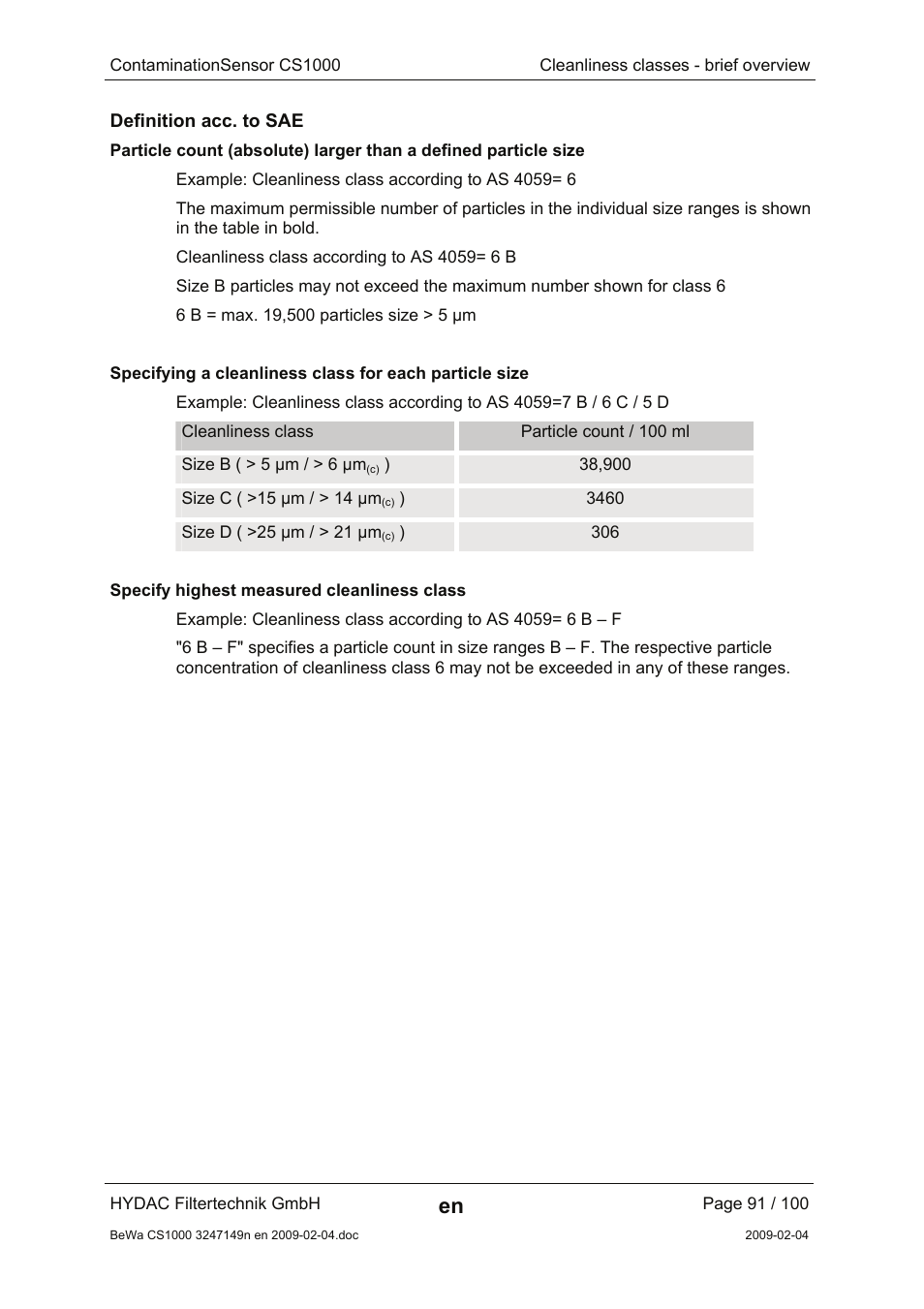 Definition acc. to sae, Specify highest measured cleanliness class | HYDAC CS 1000 User Manual | Page 91 / 100