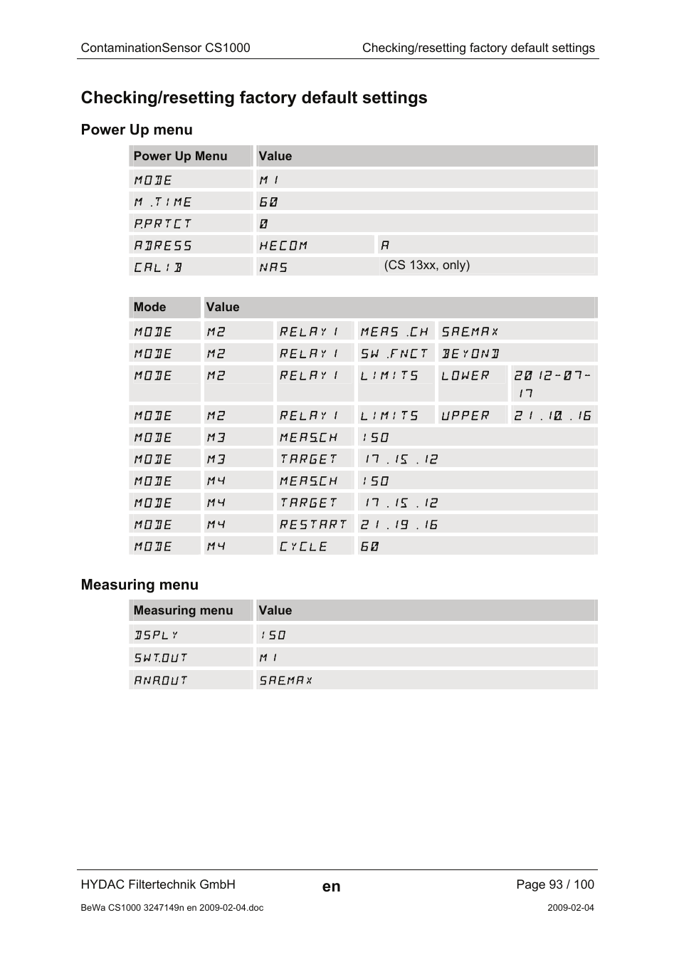 Checking/resetting factory default settings, Power up menu, Measuring menu | HYDAC CS 1000 User Manual | Page 93 / 100