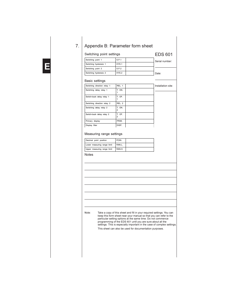 Eds 601, Appendix b: parameter form sheet, Switching point settings | HYDAC EDS 601 User Manual | Page 14 / 15