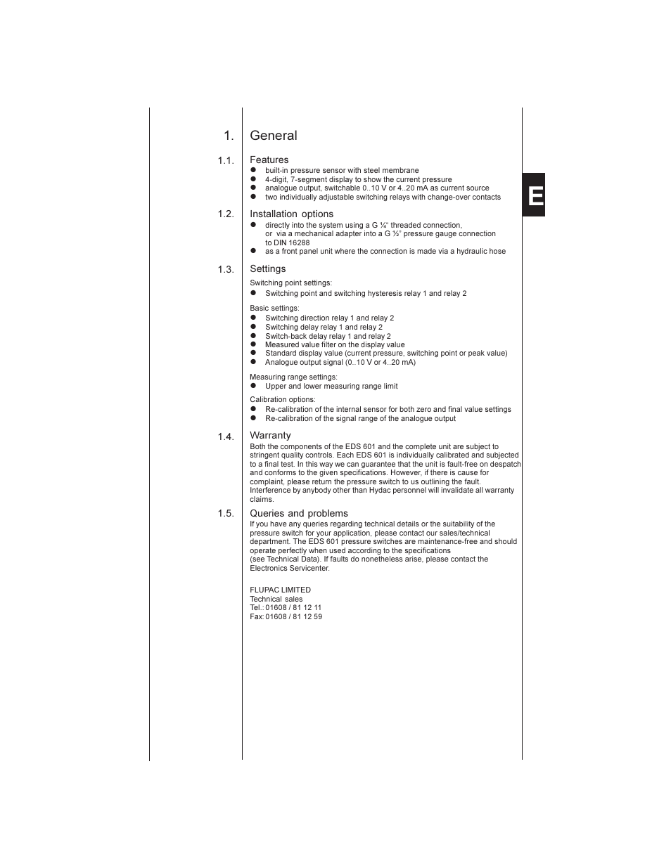General | HYDAC EDS 601 User Manual | Page 3 / 15