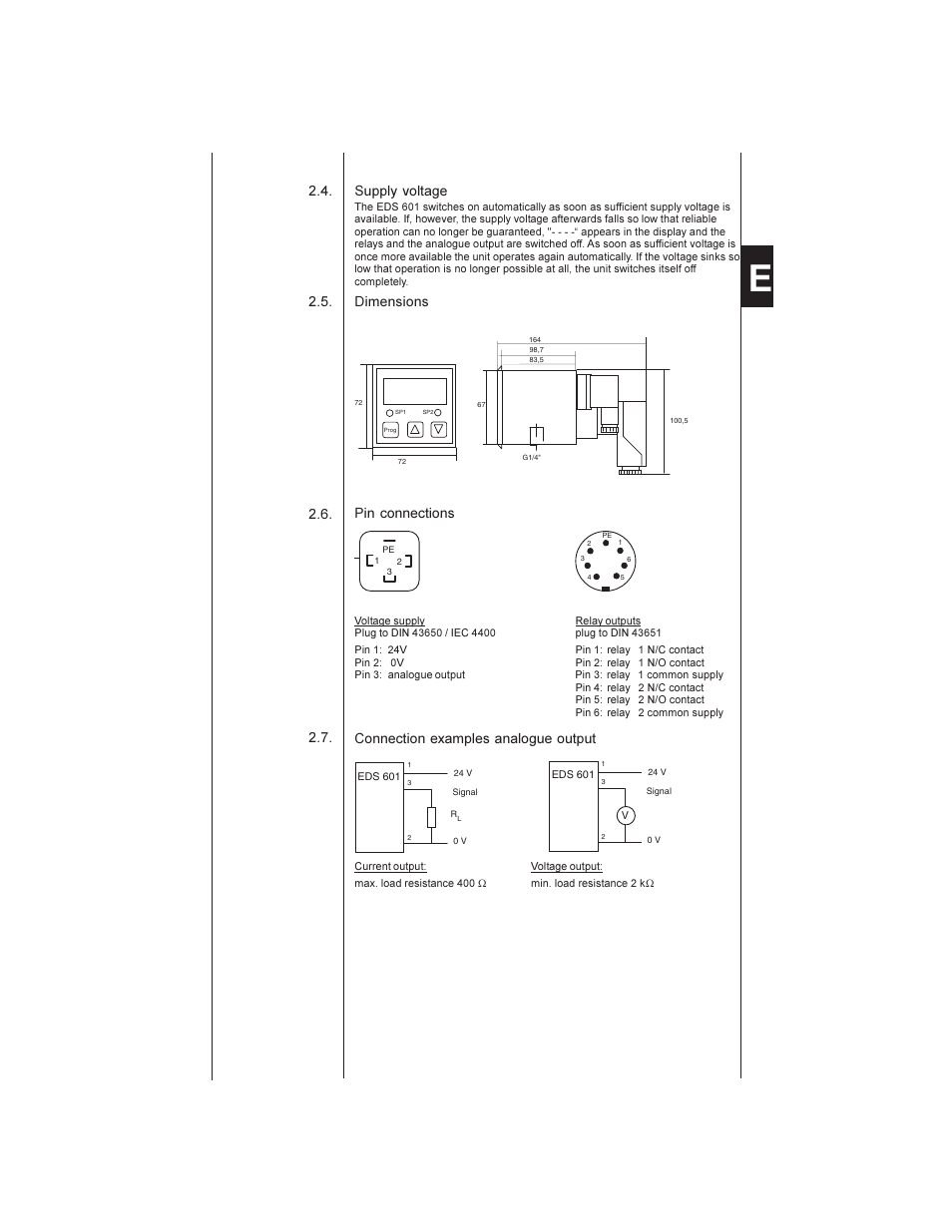 Pin connections, 2.4. 2.5. supply voltage, Dimensions | Connection examples analogue output | HYDAC EDS 601 User Manual | Page 5 / 15