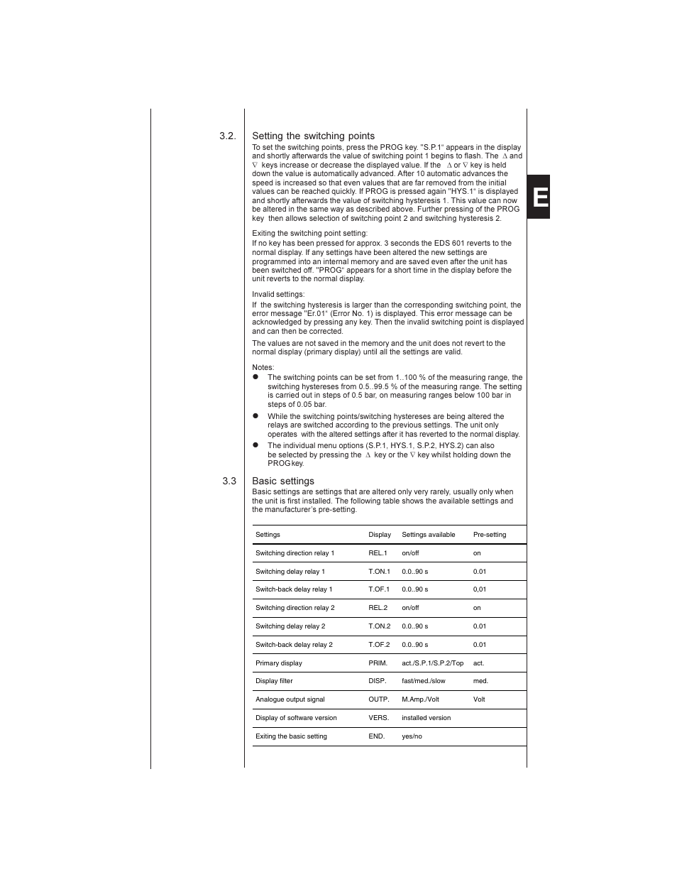 Setting the switching points, Basic settings | HYDAC EDS 601 User Manual | Page 7 / 15