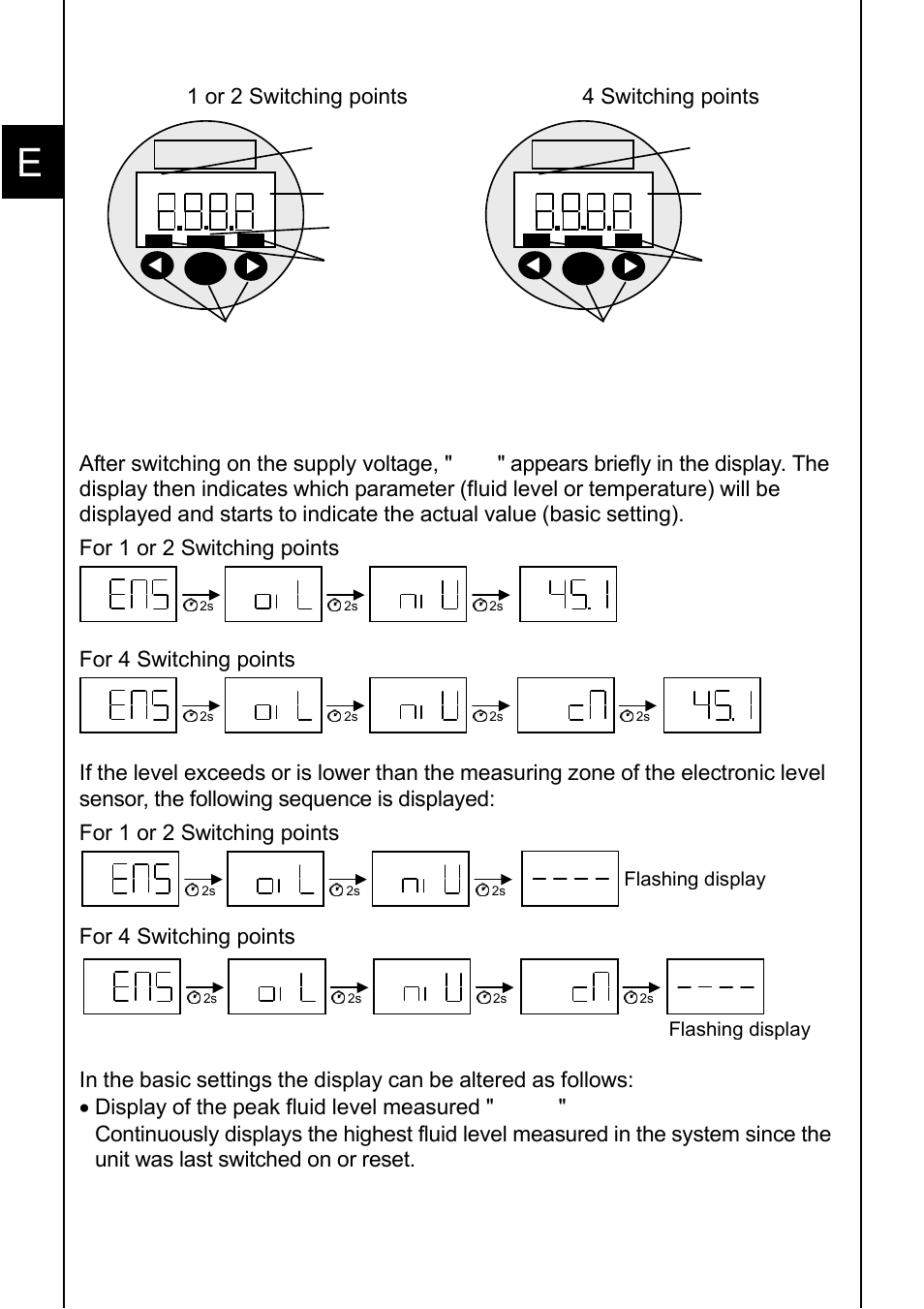 Operating keys of the ens 3000, Digital display, 1 or 2 switching points 4 switching points | Hydac, Flashing display | HYDAC ENS 3000 User Manual | Page 6 / 32