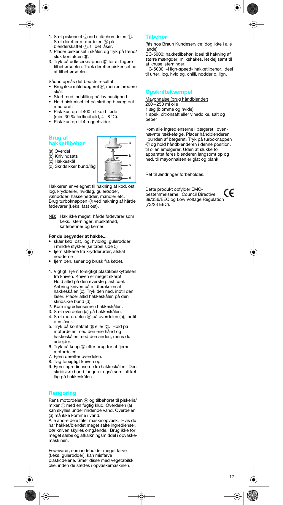 Brug af hakketilbehør, Rengøring, Tilbehør | Opskrifteksempel | Braun MR 5550 User Manual | Page 16 / 43