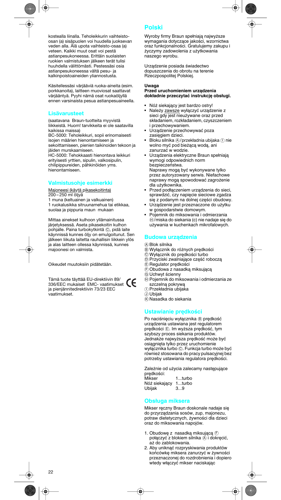 Polski, Lisävarusteet, Valmistusohje esimerkki | Budowa urzàdzenia, Ustawianie pr´dkoêci, Obs∏uga miksera | Braun MR 5550 User Manual | Page 21 / 43