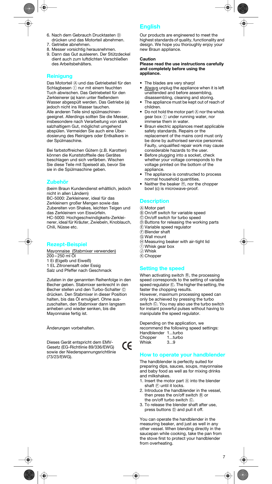 English, Reinigung, Zubehör | Rezept-beispiel, Description, Setting the speed, How to operate your handblender | Braun MR 5550 User Manual | Page 6 / 43