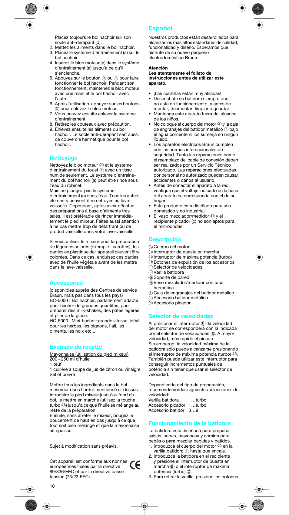 Español, Nettoyage, Accessoires | Exemple de recette, Descripción, Selector de velocidades, Funcionamiento de la batidora | Braun MR 5550 User Manual | Page 9 / 43