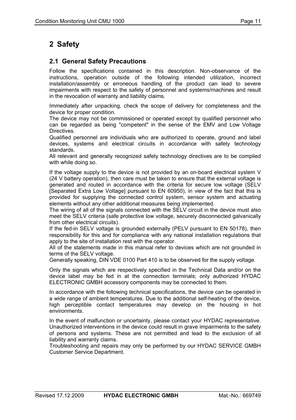 2 safety, 1 general safety precautions | HYDAC CMU 1000 User Manual | Page 11 / 122