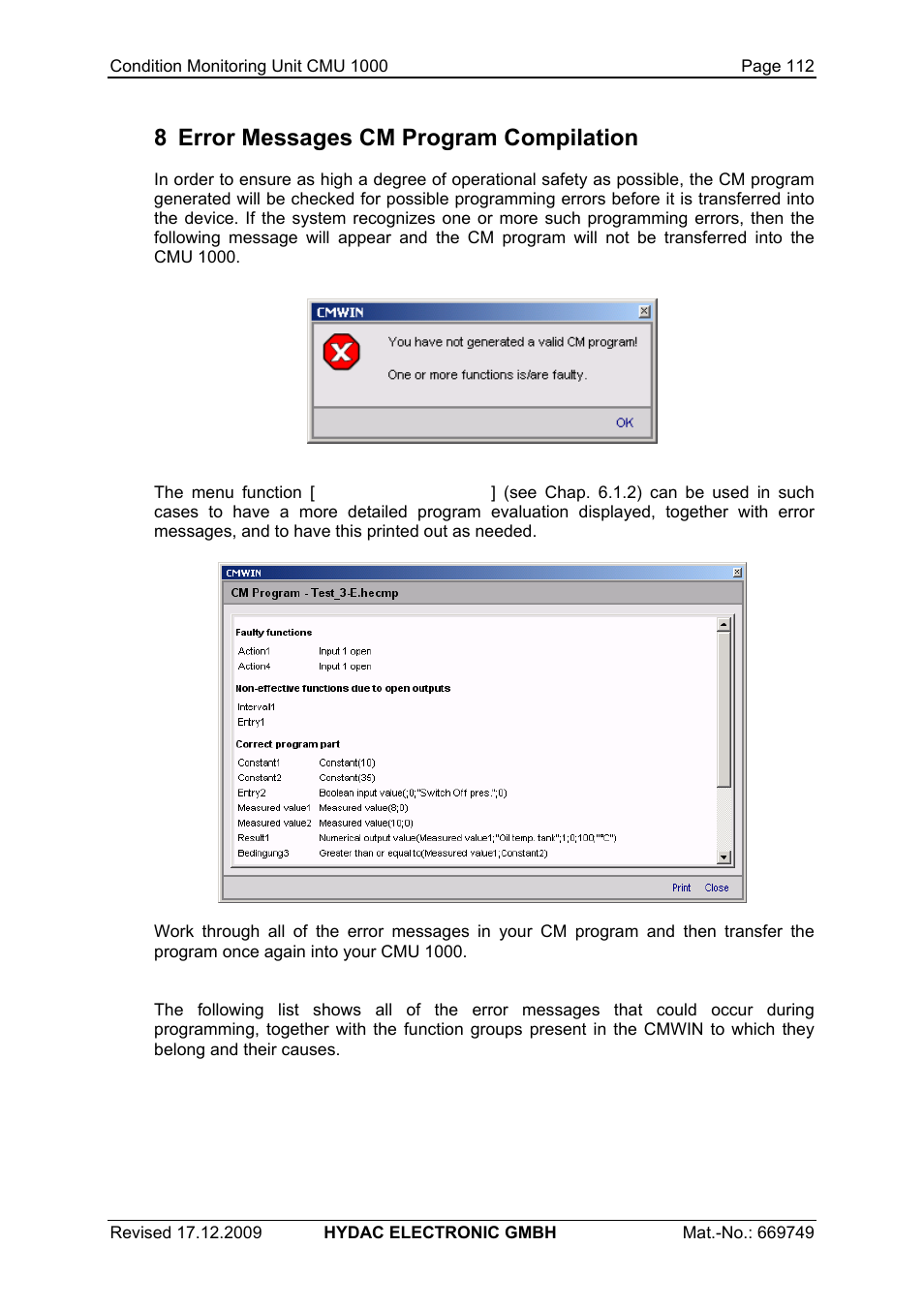 8 error messages cm program compilation | HYDAC CMU 1000 User Manual | Page 112 / 122