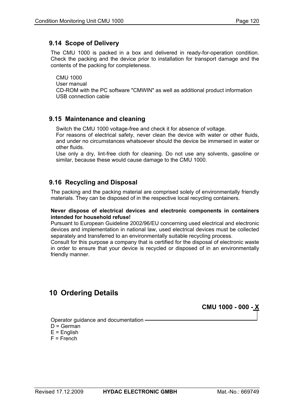 10 ordering details | HYDAC CMU 1000 User Manual | Page 120 / 122