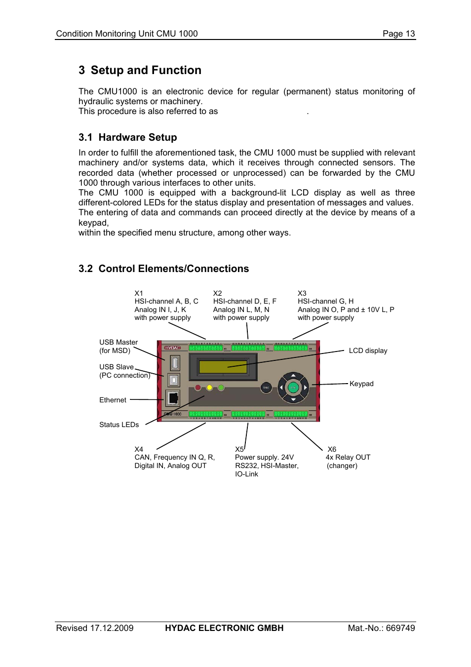 3 setup and function, 1 hardware setup, 2 control elements/connections | HYDAC CMU 1000 User Manual | Page 13 / 122