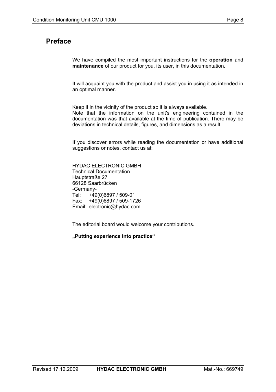 Preface | HYDAC CMU 1000 User Manual | Page 8 / 122
