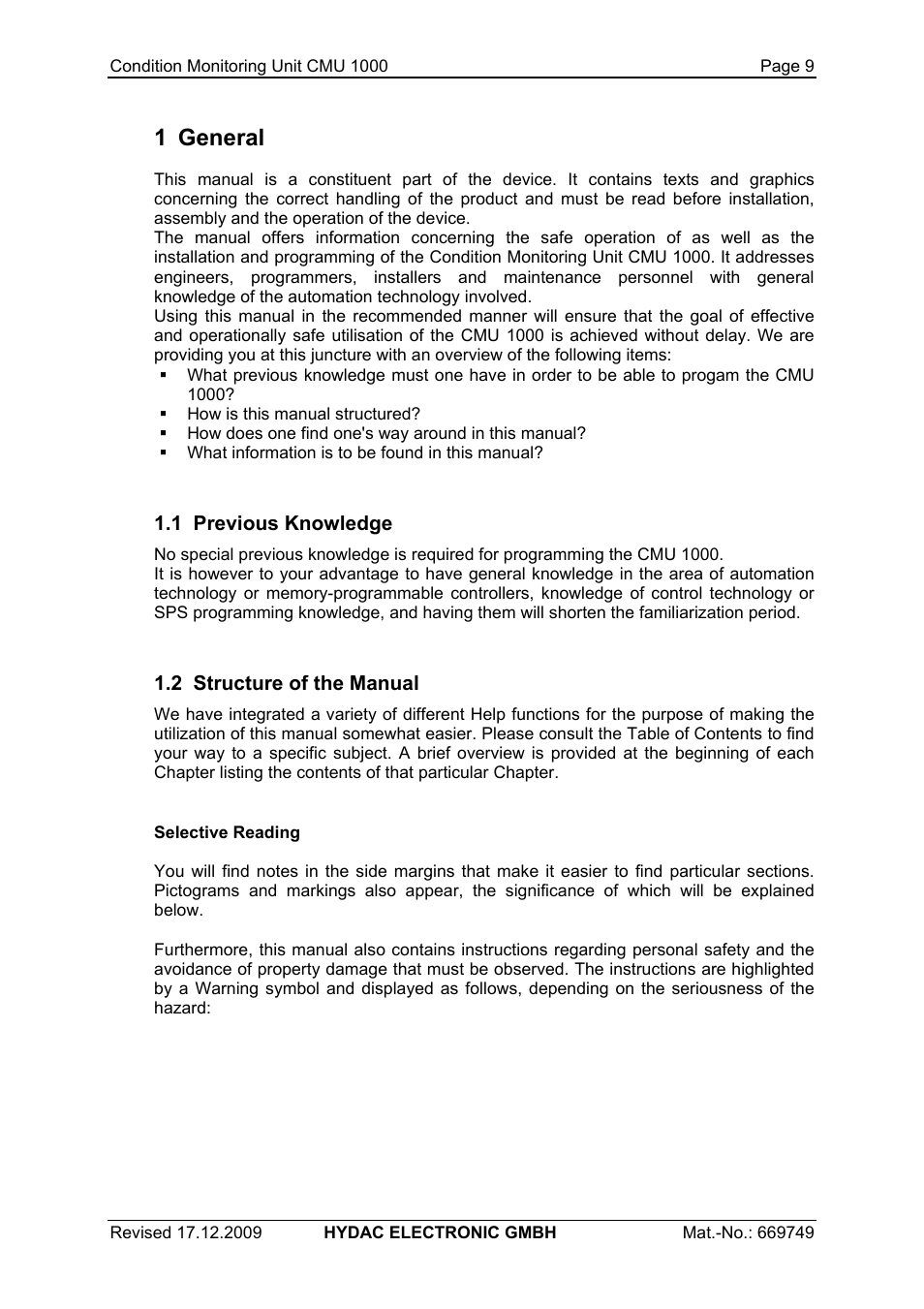 1 general | HYDAC CMU 1000 User Manual | Page 9 / 122