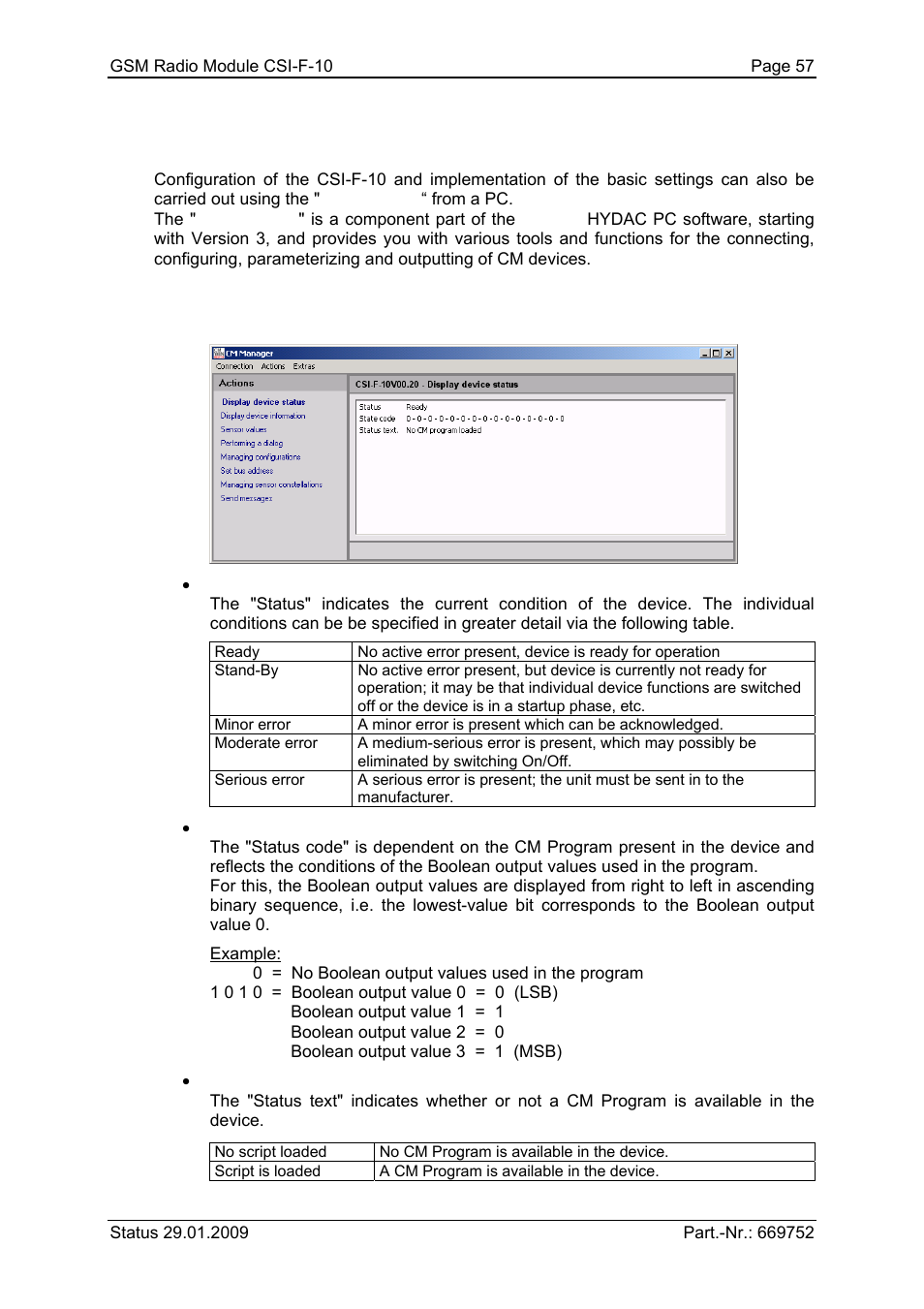 7 configuration using cmwin pc software, 1 actions, 1 display device status | HYDAC CSI-F-10 User Manual | Page 57 / 120
