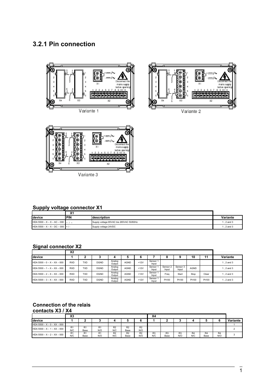 1 pin connection, Supply voltage connector x1, Signal connector x2 | Connection of the relais contacts x3 / x4 | HYDAC HDA 5500 User Manual | Page 2 / 17