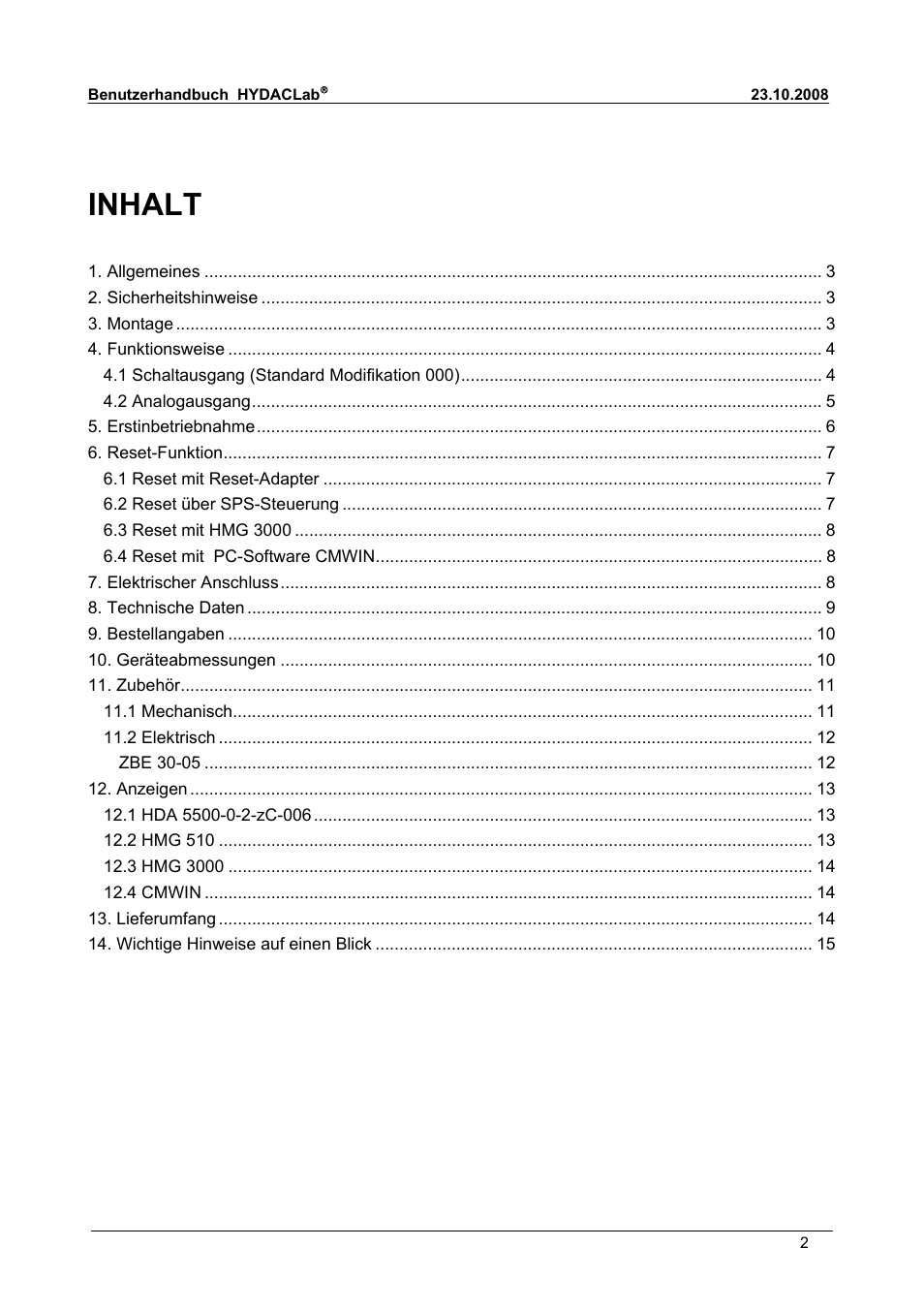 Inhalt | HYDAC HLB 1300 User Manual | Page 2 / 46