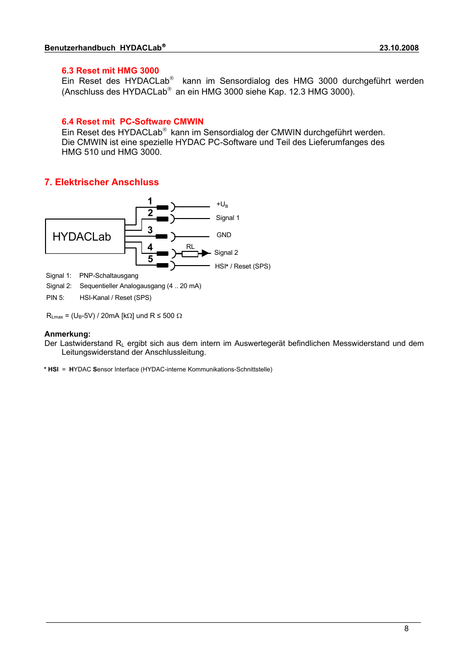 Hydaclab, Elektrischer anschluss | HYDAC HLB 1300 User Manual | Page 8 / 46