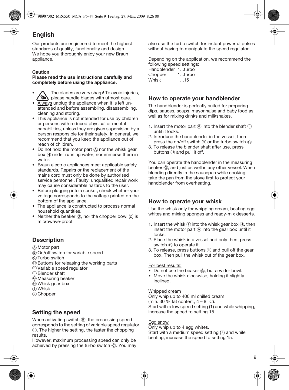 English, Description, Setting the speed | How to operate your handblender, How to operate your whisk | Braun MR 6500 M CA User Manual | Page 8 / 40